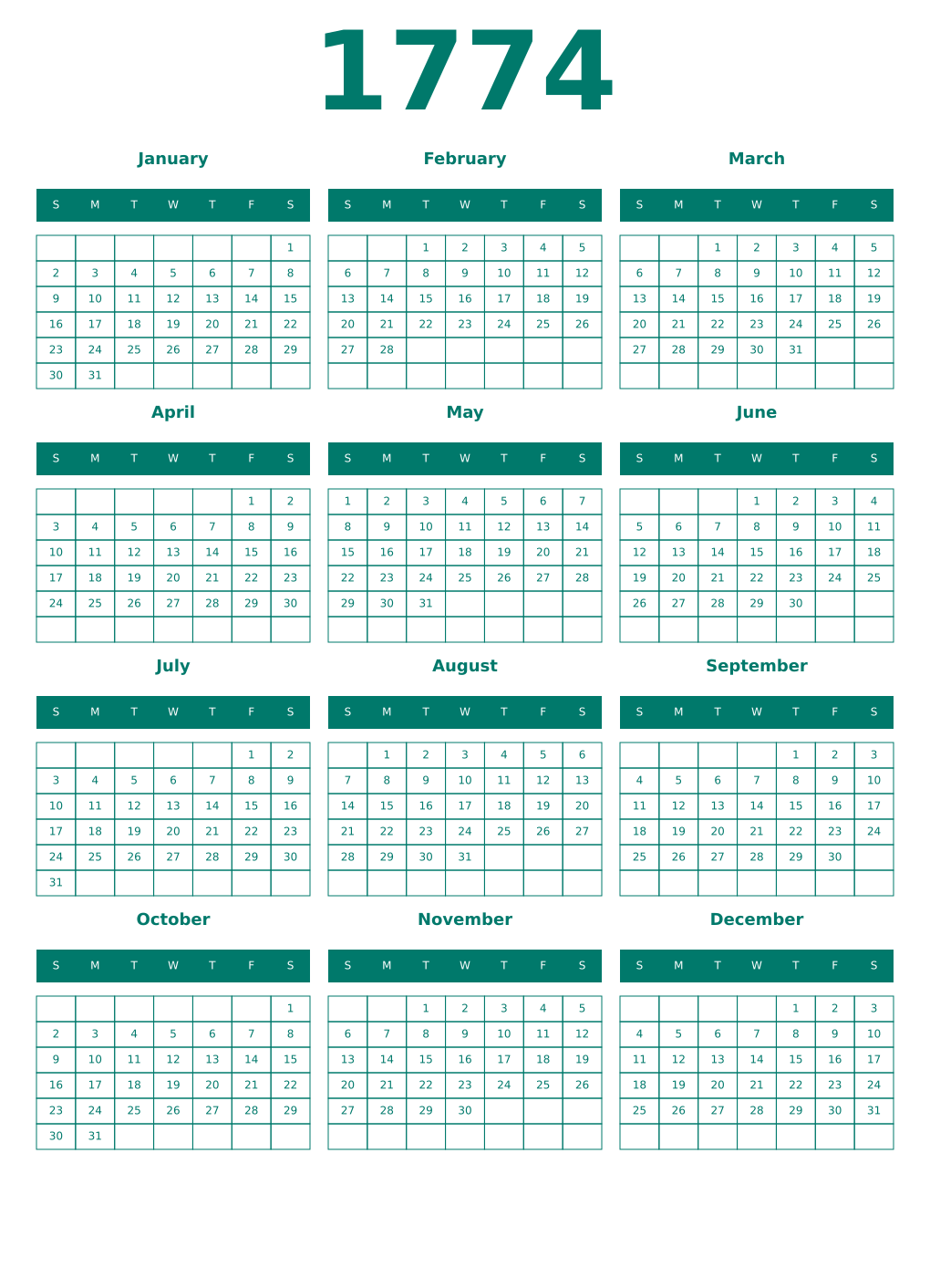 Printable 1774 Year Calendars pastel