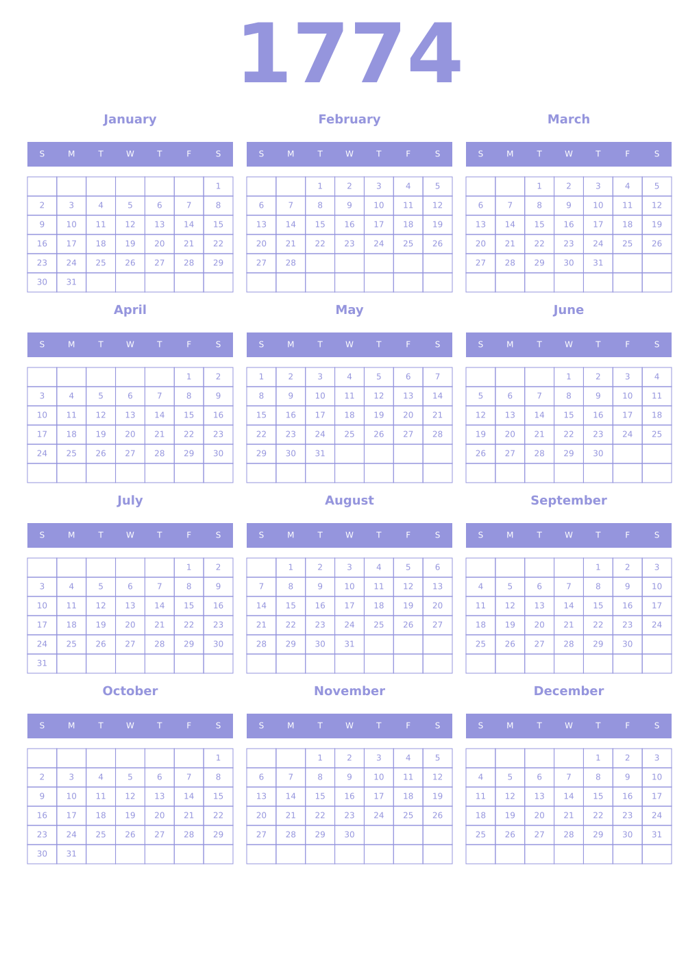 Printable 1774 Year Calendars periwinkle