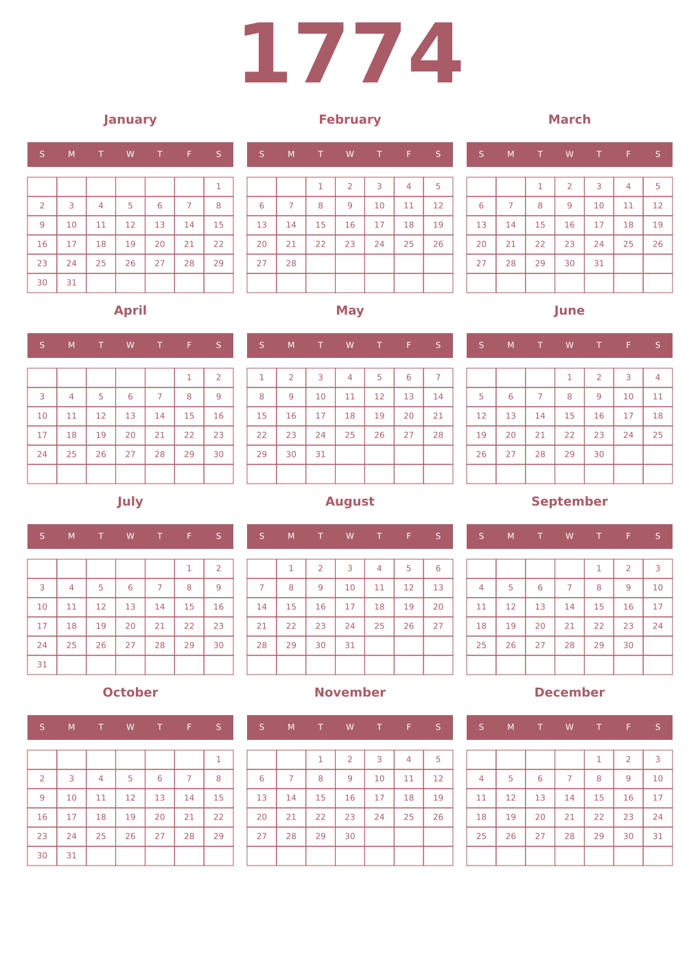 Printable 1774 Year Calendars puce