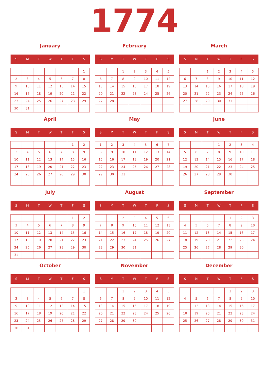 Printable 1774 Year Calendars red