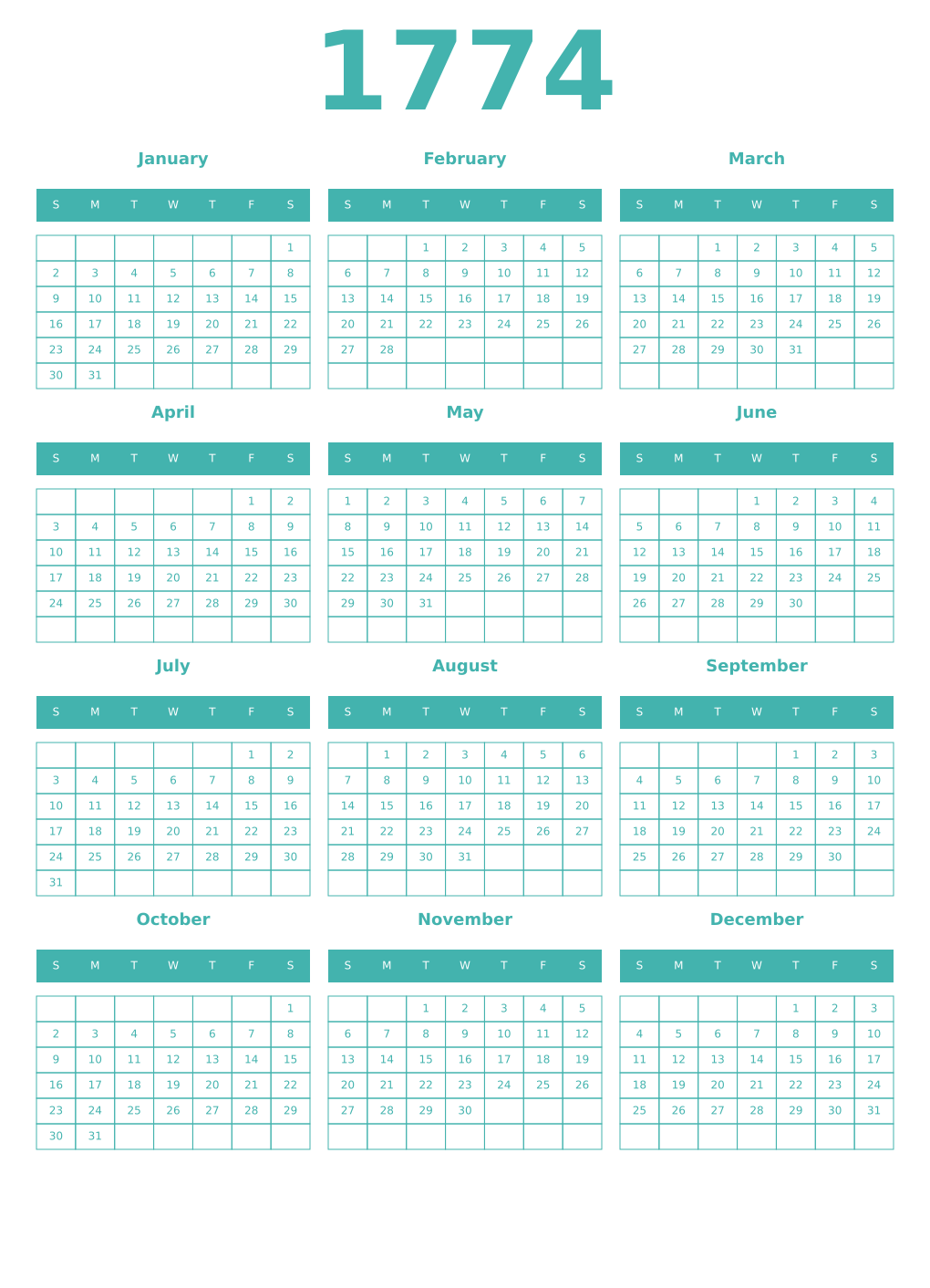 Printable 1774 Year Calendars verdigris