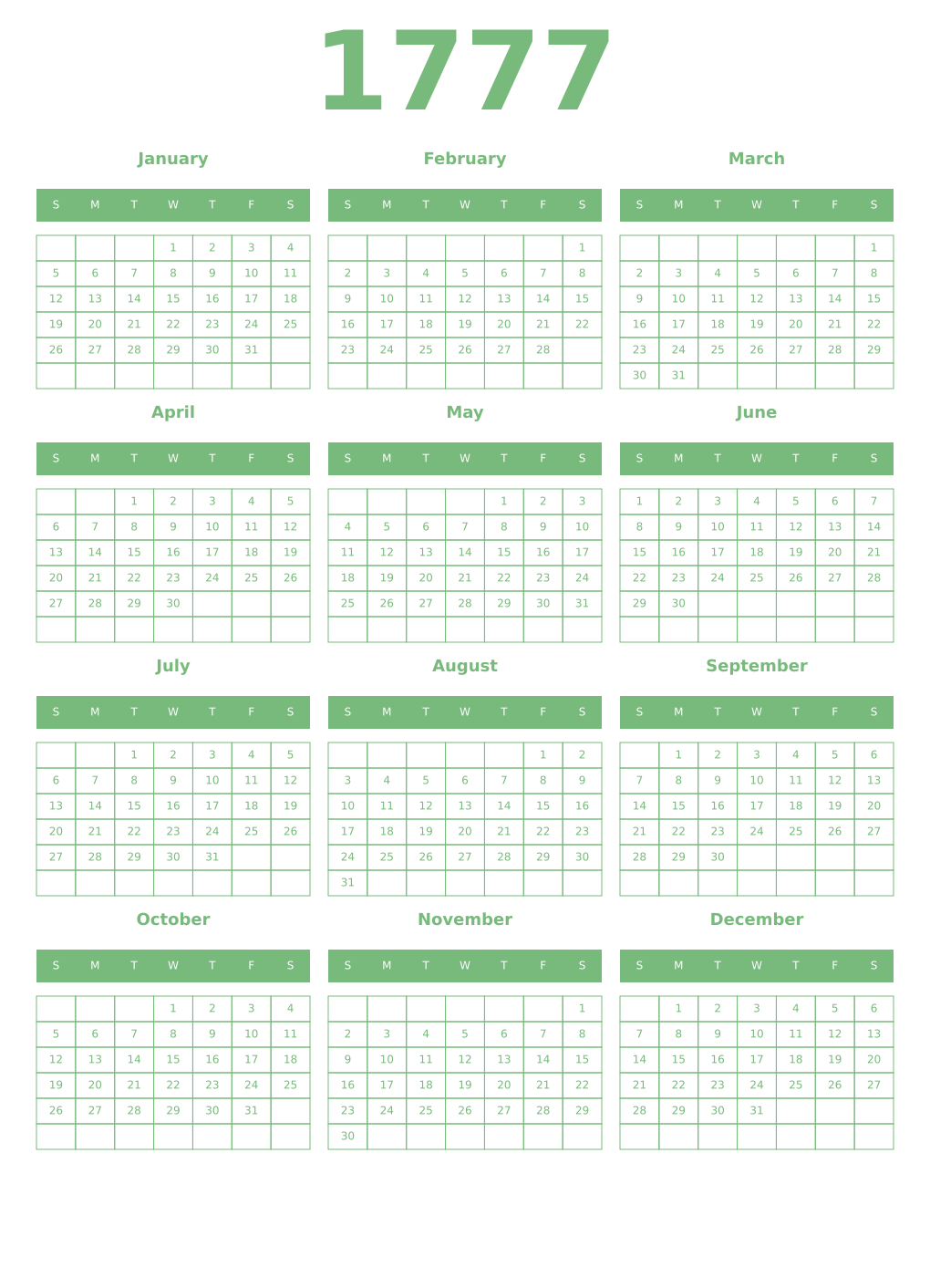 Printable 1777 Year Calendars celadon