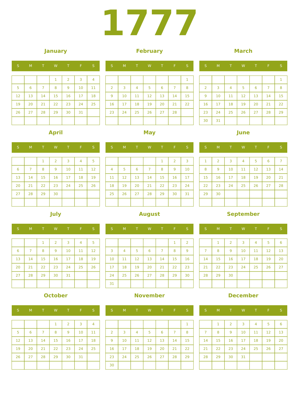 Printable 1777 Year Calendars chartreuse