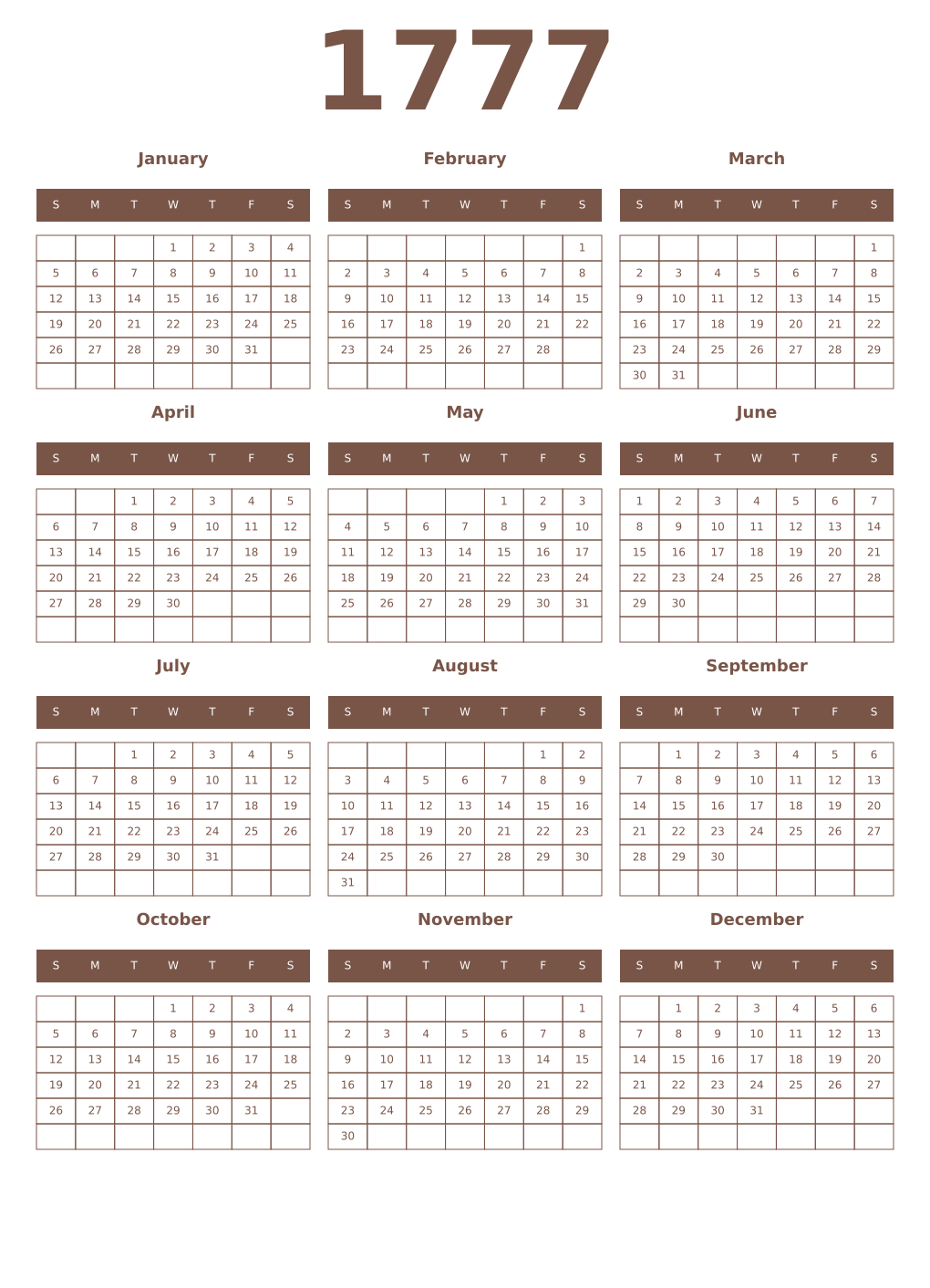 Printable 1777 Year Calendars coffe