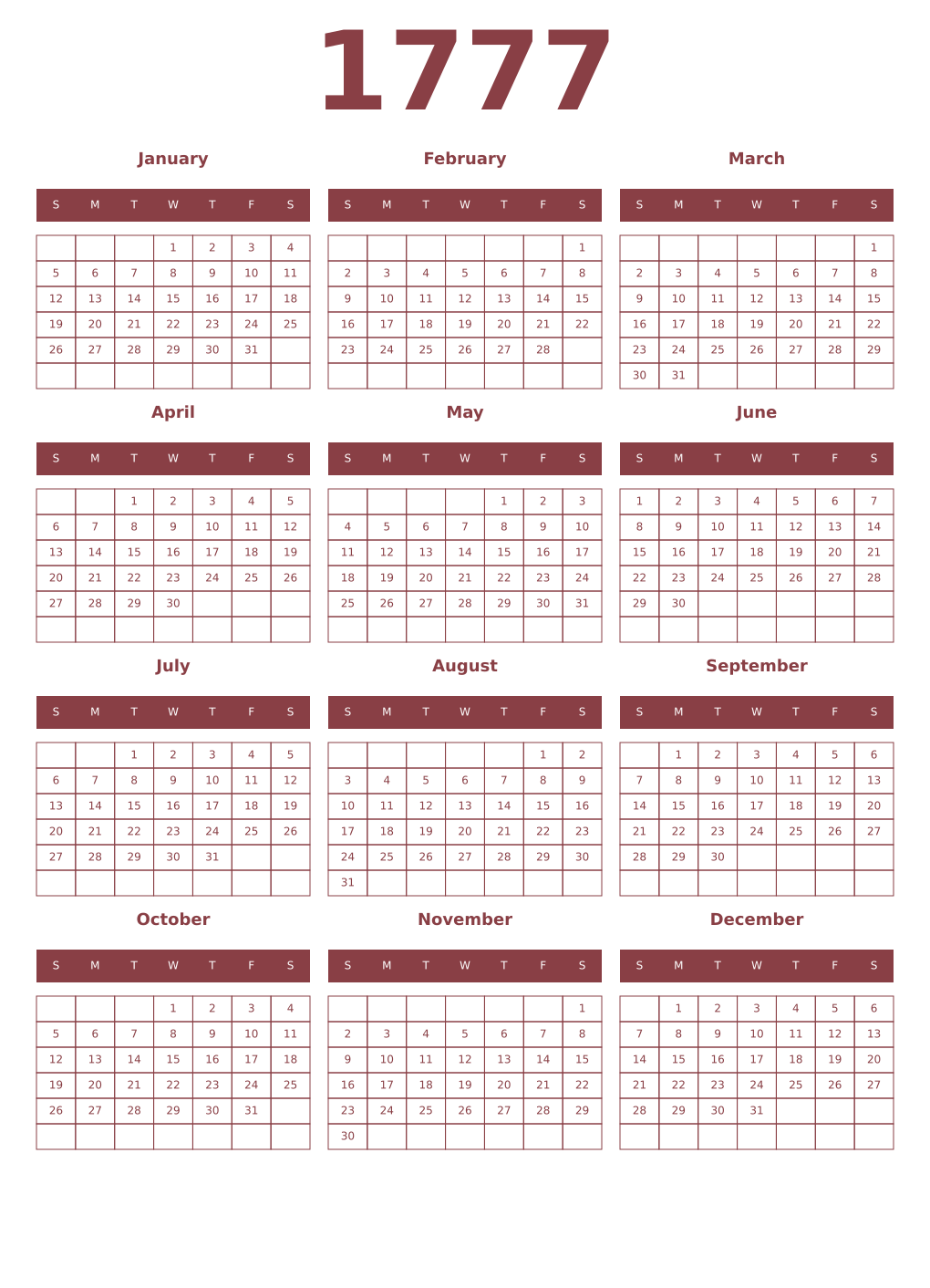 Printable 1777 Year Calendars cordovan