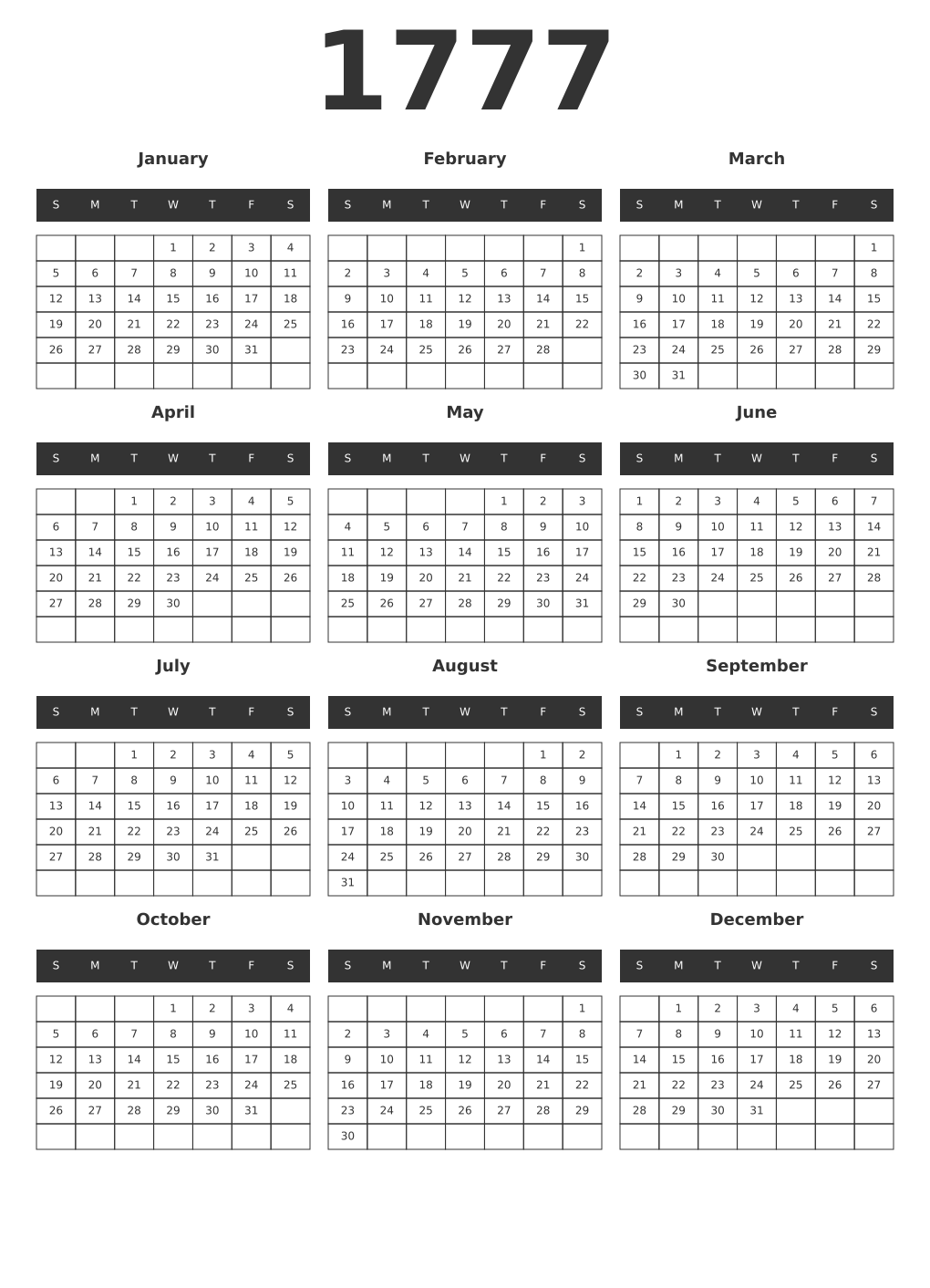 Printable 1777 Year Calendars dark