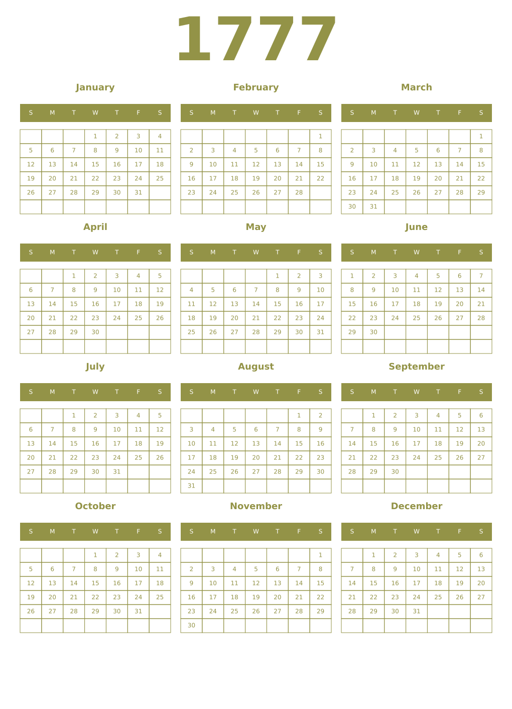 Printable 1777 Year Calendars eburnean