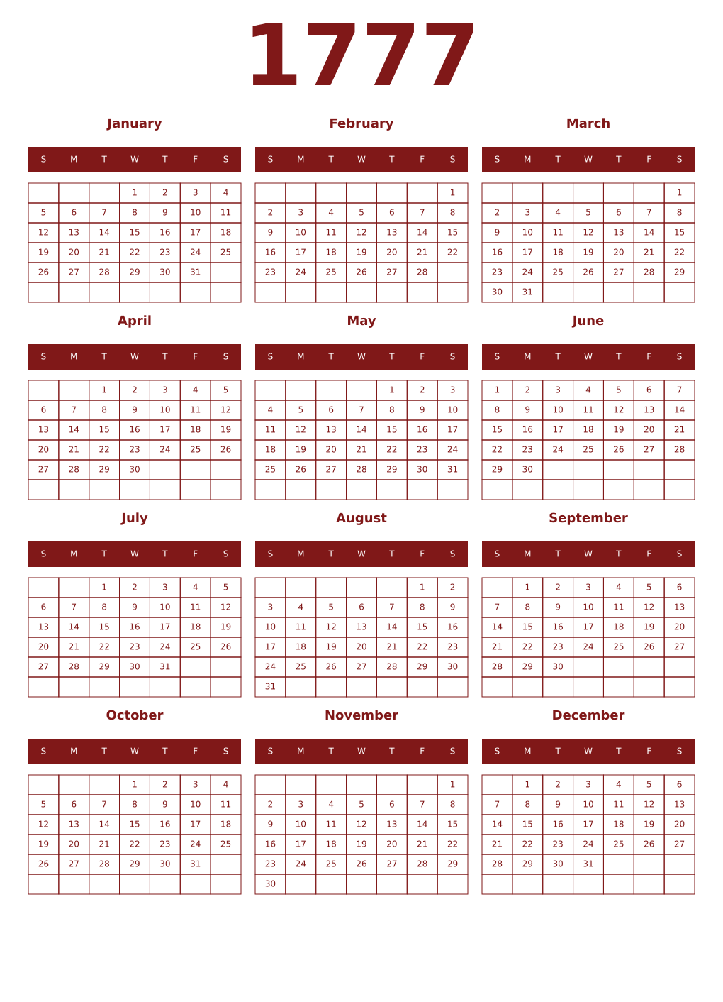 Printable 1777 Year Calendars falu