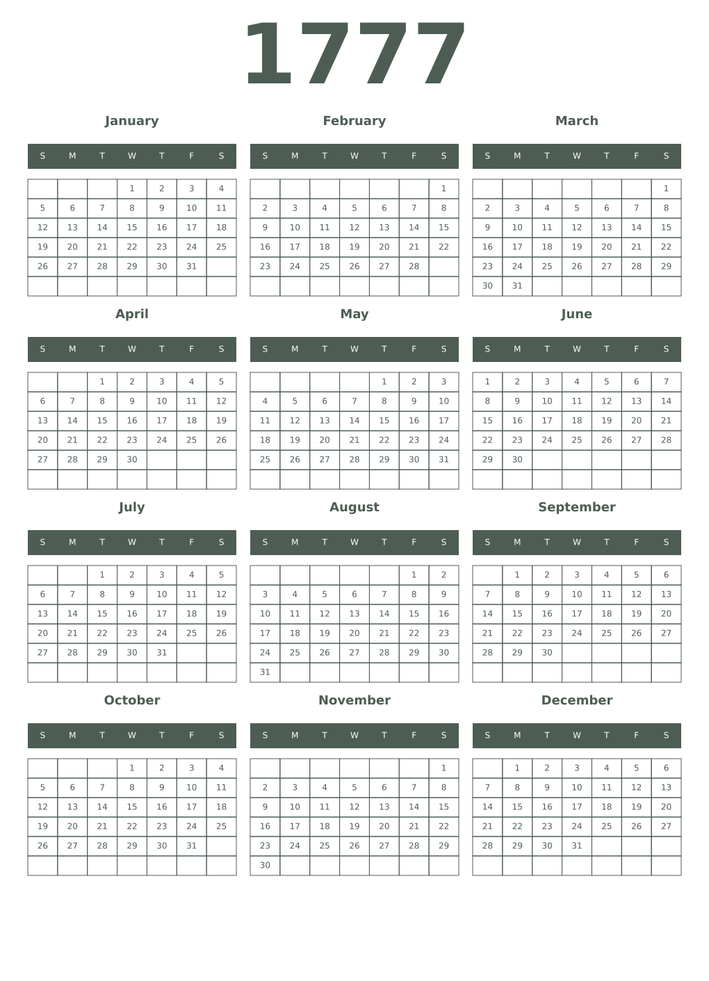 Printable 1777 Year Calendars feldgrau