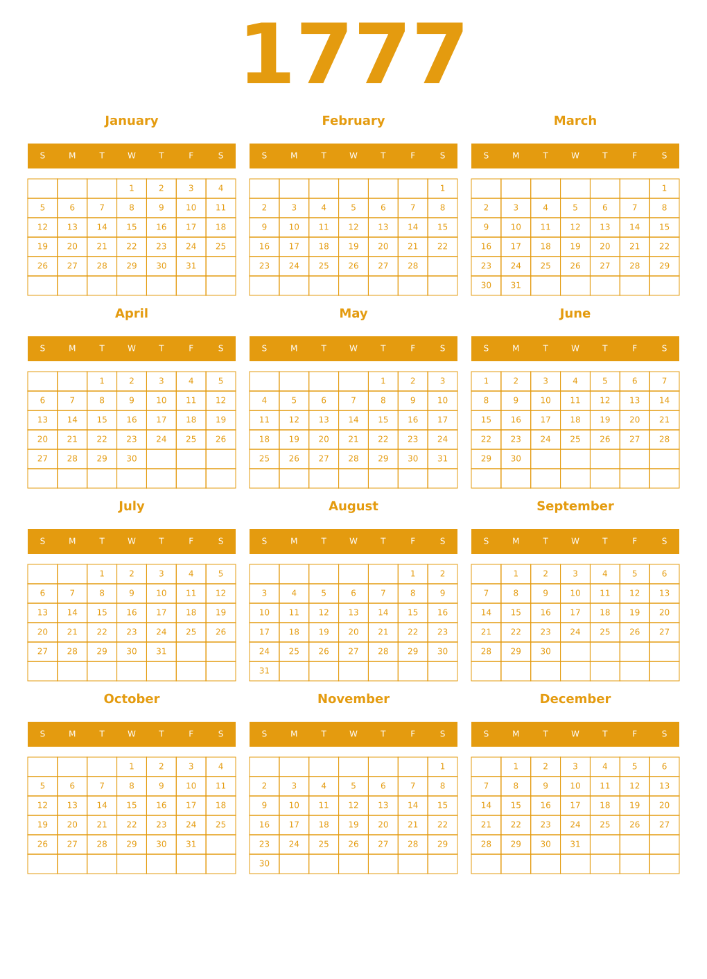 Printable 1777 Year Calendars gamboge
