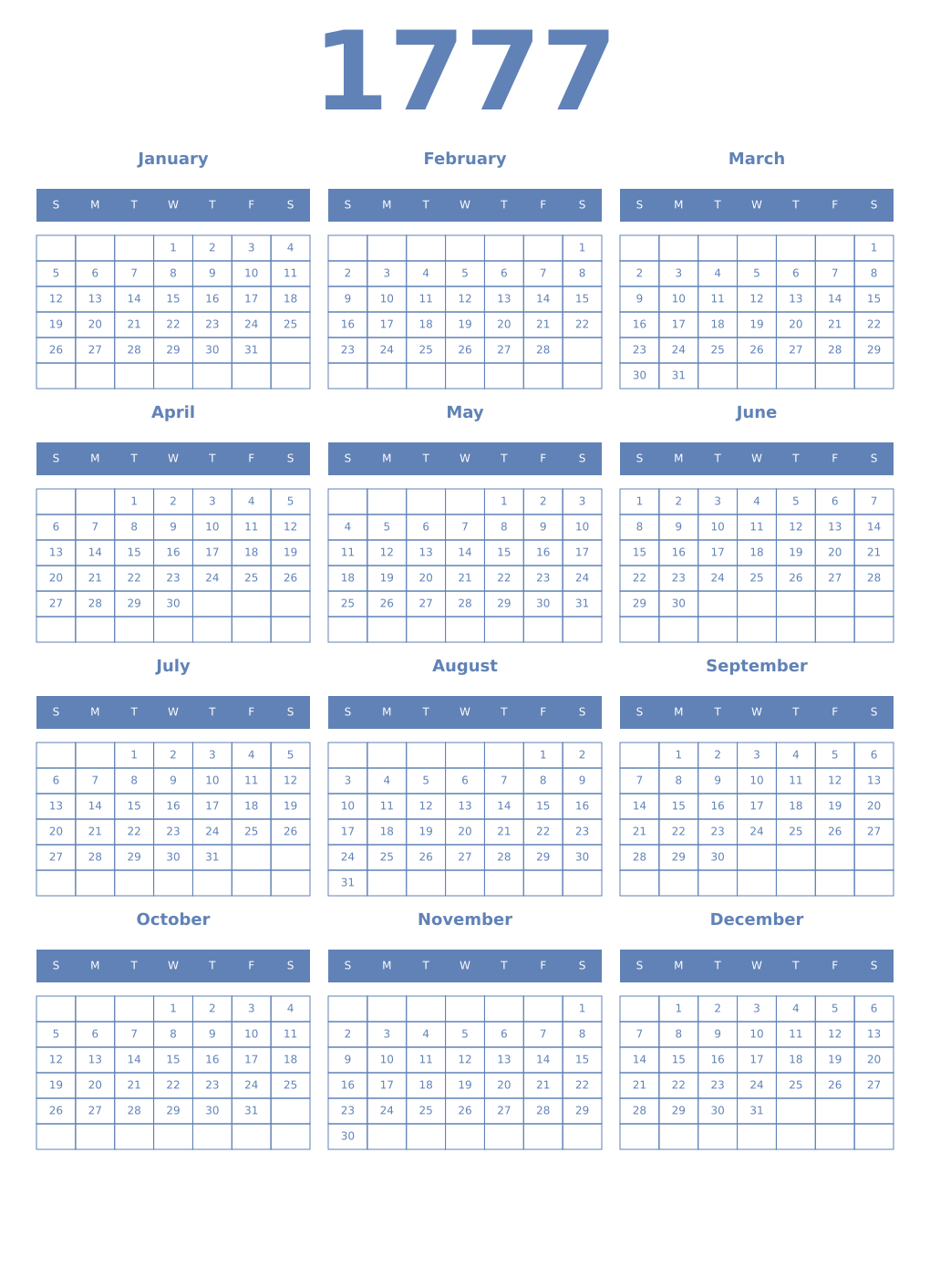 Printable 1777 Year Calendars glaucous
