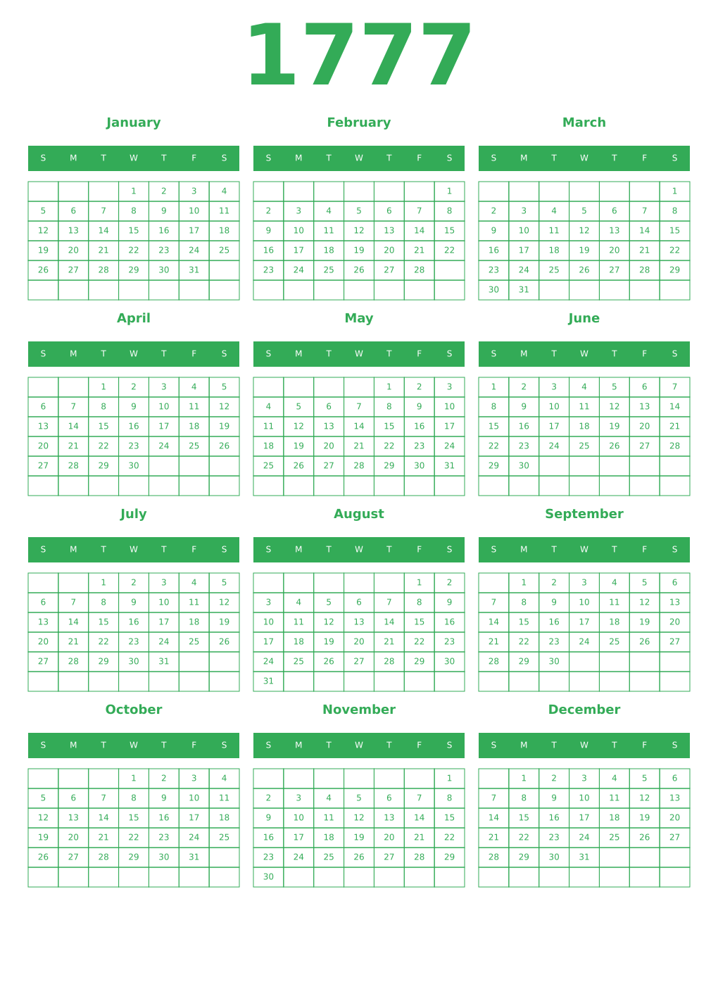 Printable 1777 Year Calendars green