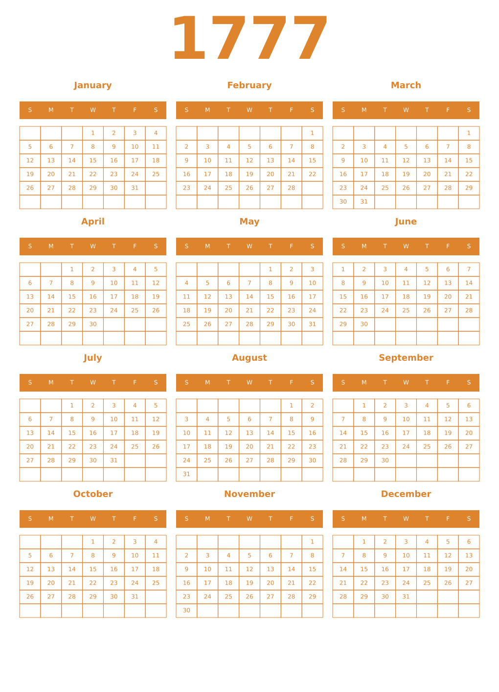 Printable 1777 Year Calendars orange
