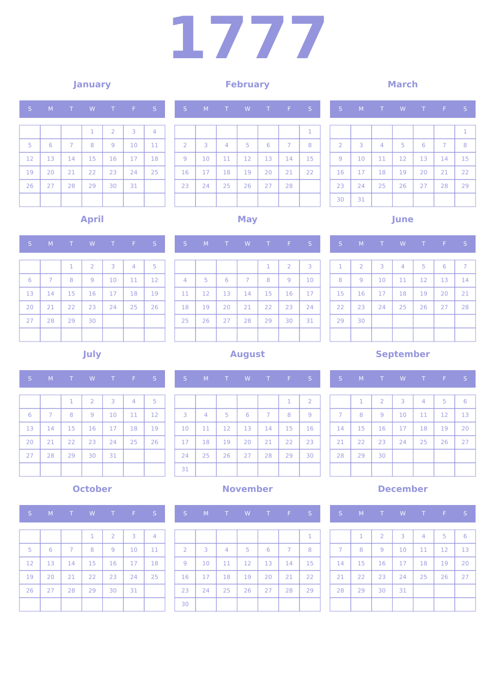 Printable 1777 Year Calendars periwinkle