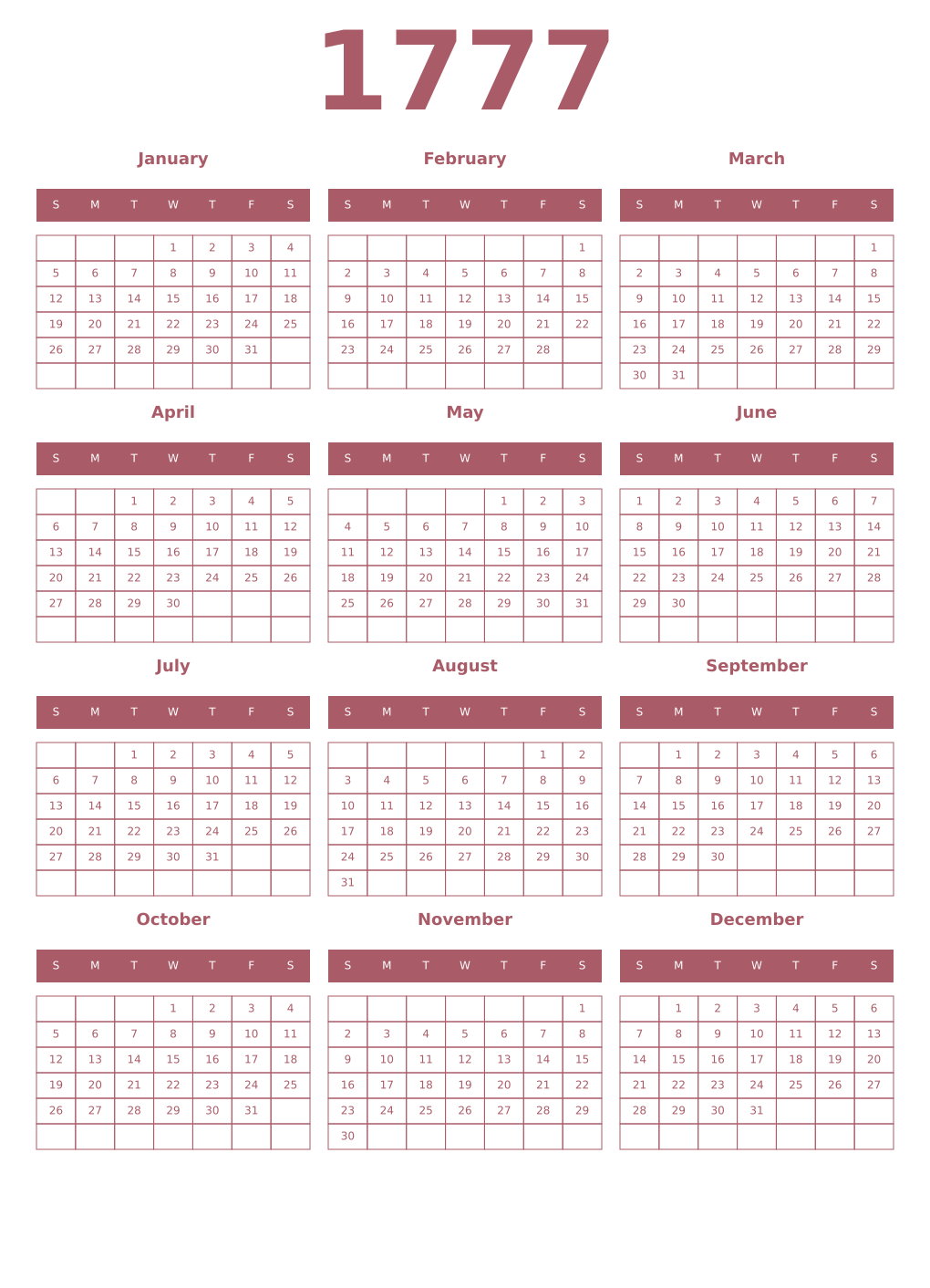 Printable 1777 Year Calendars puce