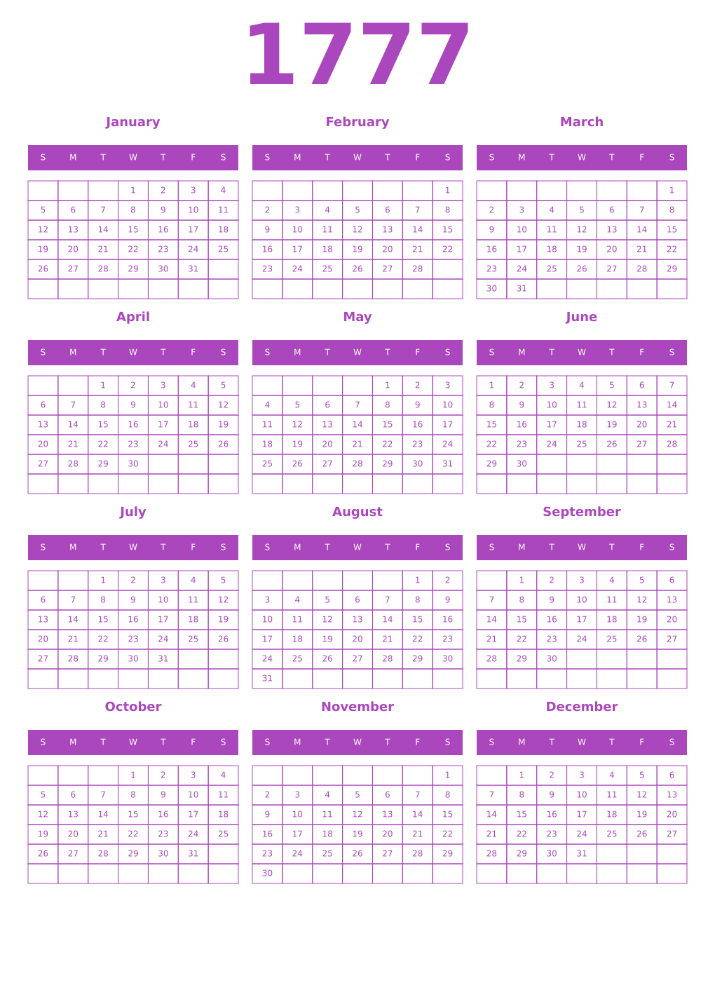 Printable 1777 Year Calendars purple