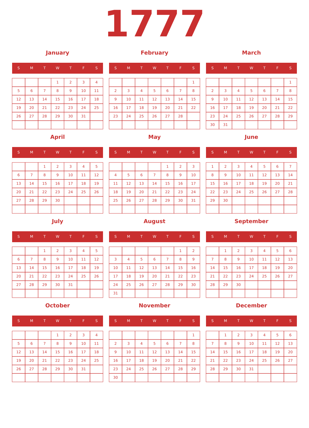 Printable 1777 Year Calendars red