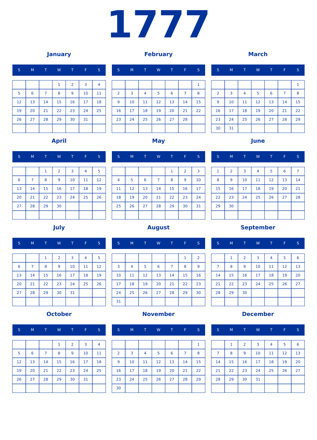 Printable 1777 Year Calendars smalt