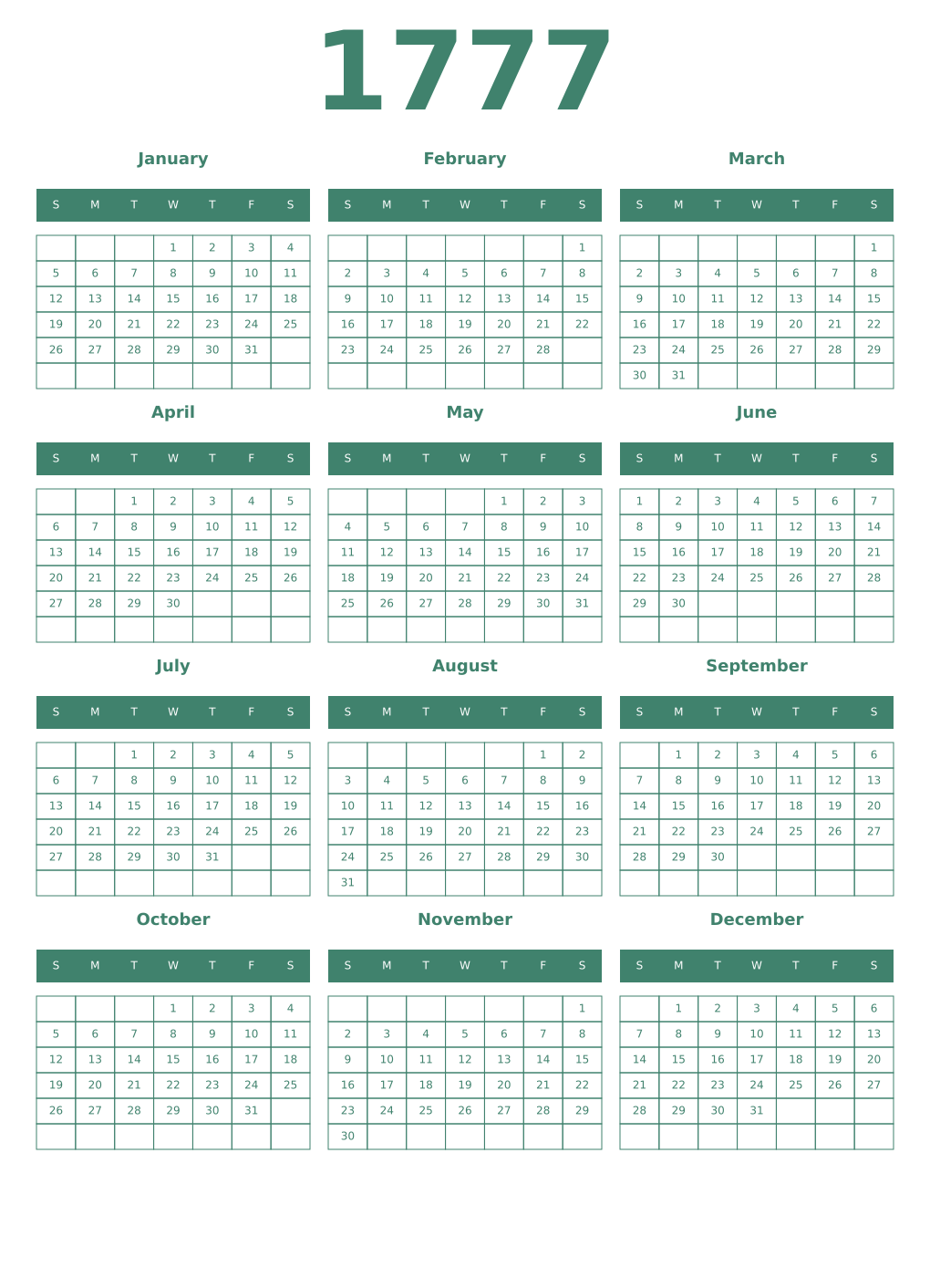 Printable 1777 Year Calendars viridian