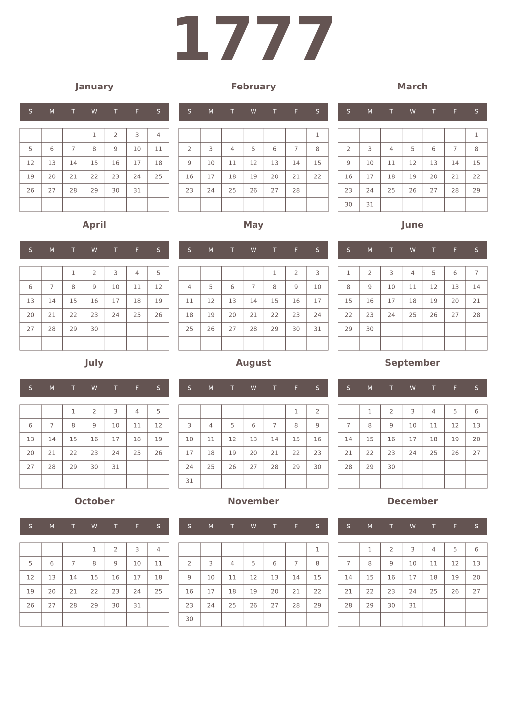 Printable 1777 Year Calendars wenge