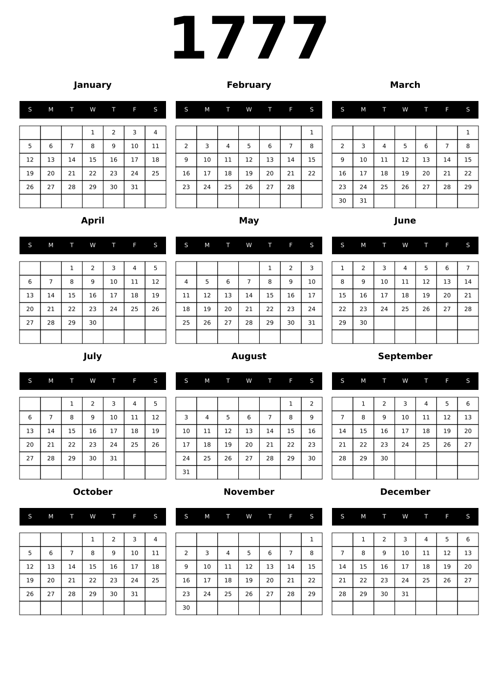 Printable 1777 Calendars