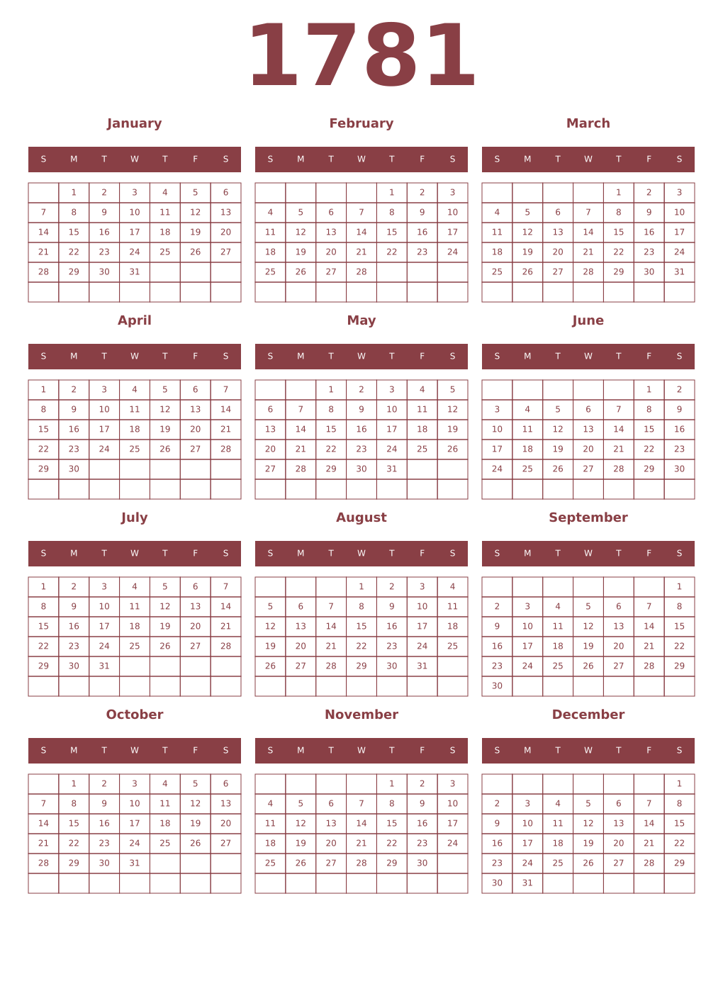 Printable 1781 Year Calendars cordovan