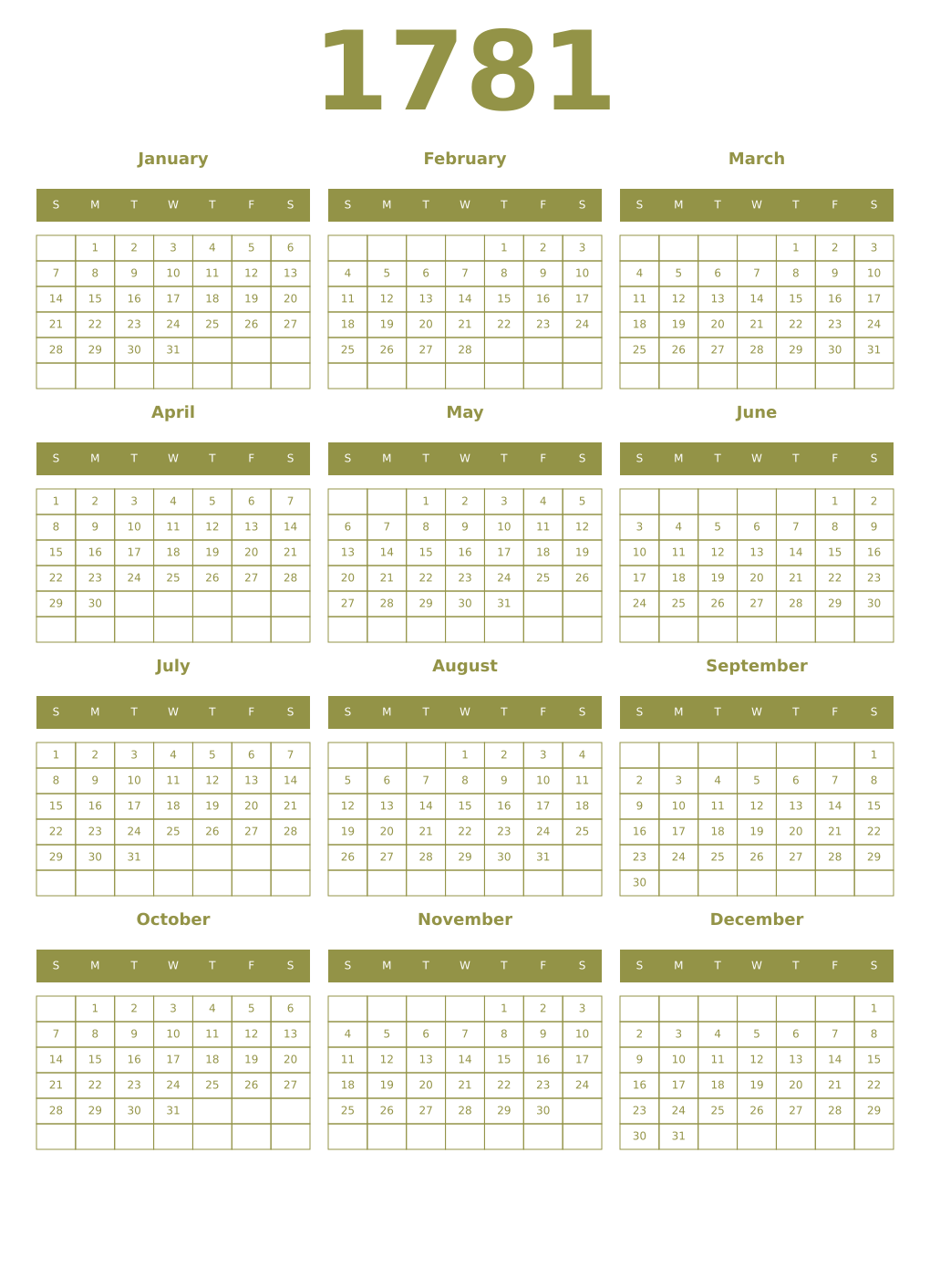 Printable 1781 Year Calendars eburnean