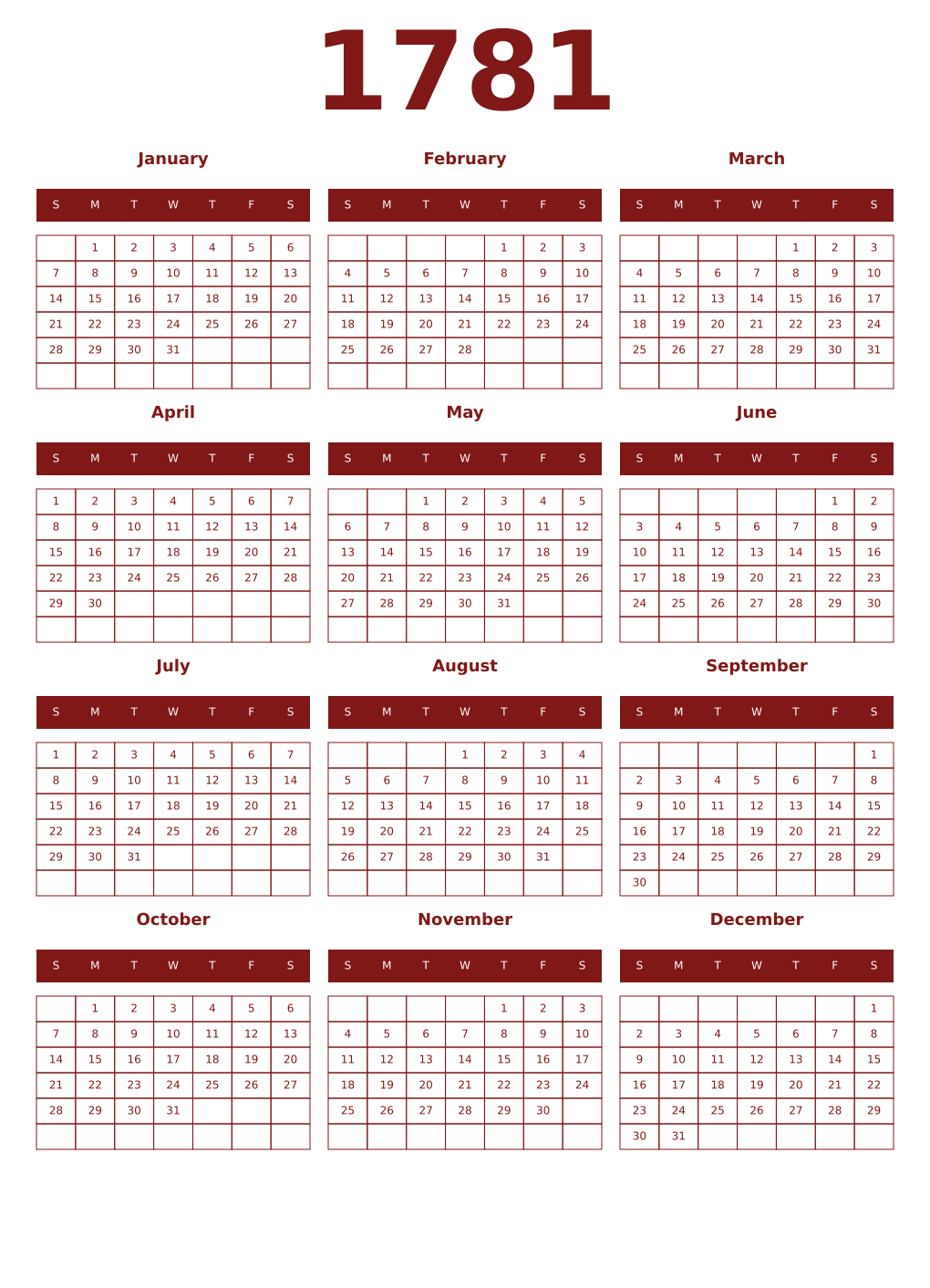 Printable 1781 Year Calendars falu