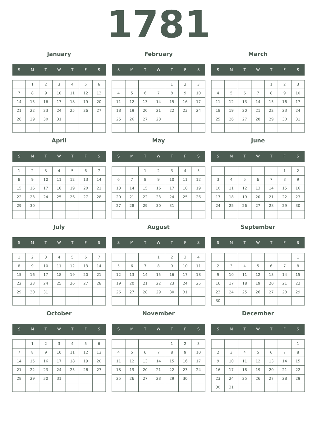 Printable 1781 Year Calendars feldgrau