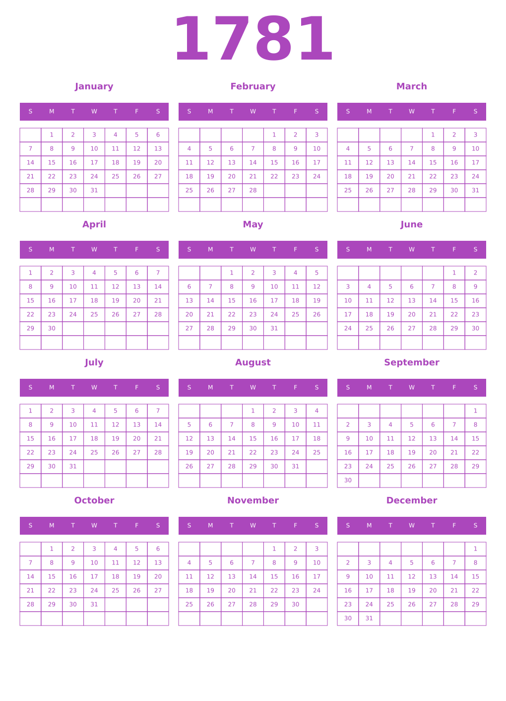 Printable 1781 Year Calendars purple