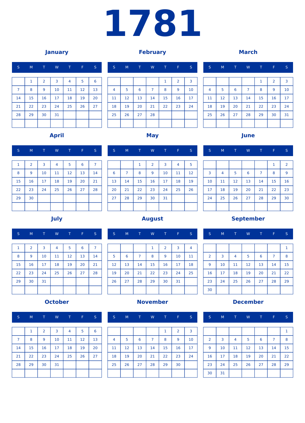 Printable 1781 Year Calendars smalt