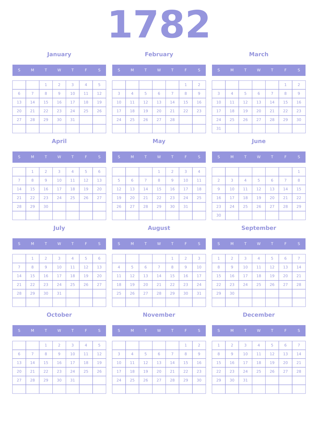 Printable 1782 Year Calendars periwinkle