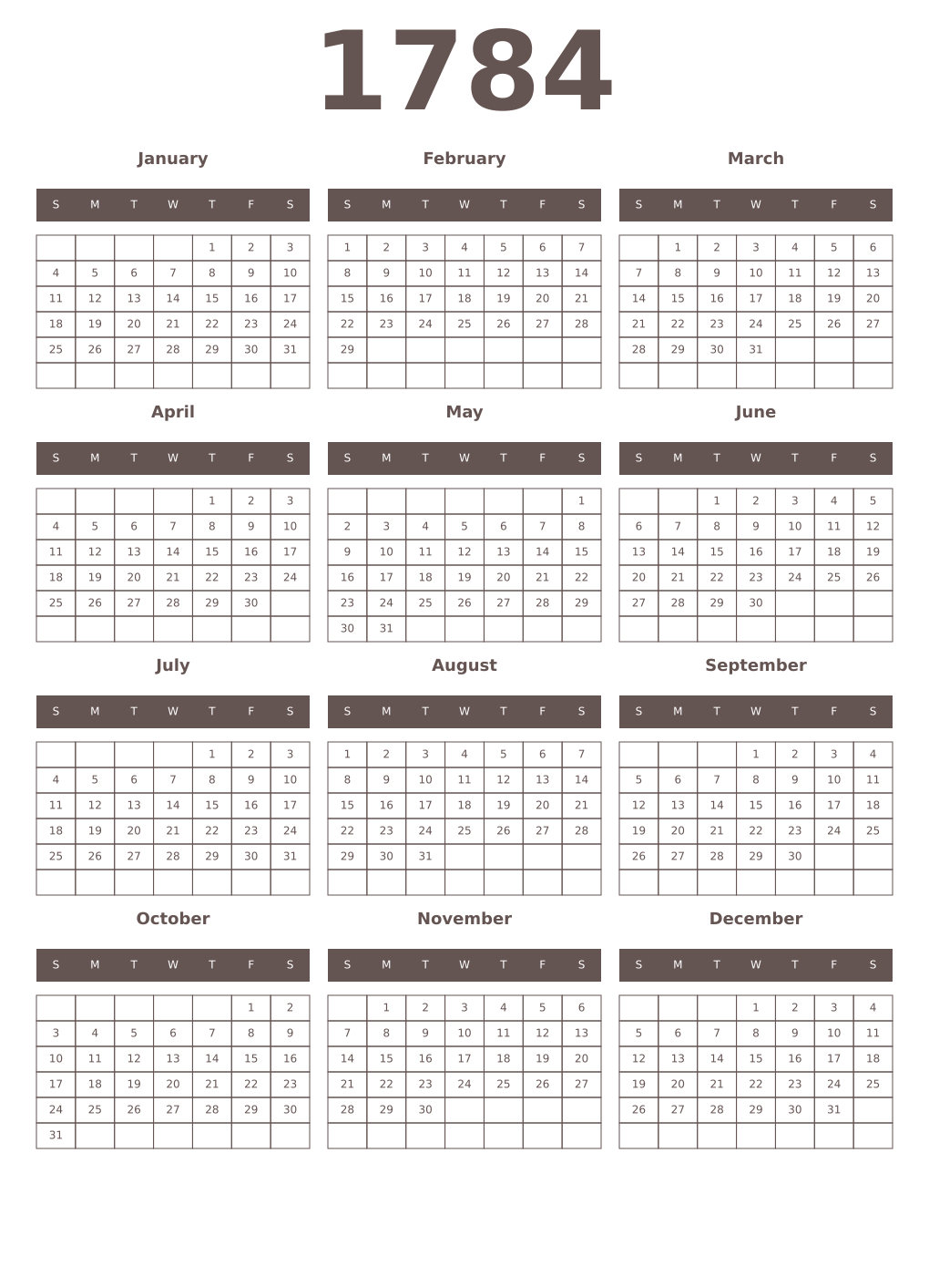 Printable 1784 Year Calendars wenge