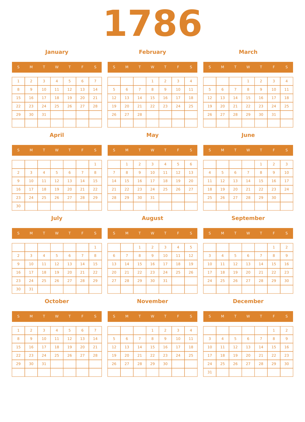 Printable 1786 Year Calendars orange