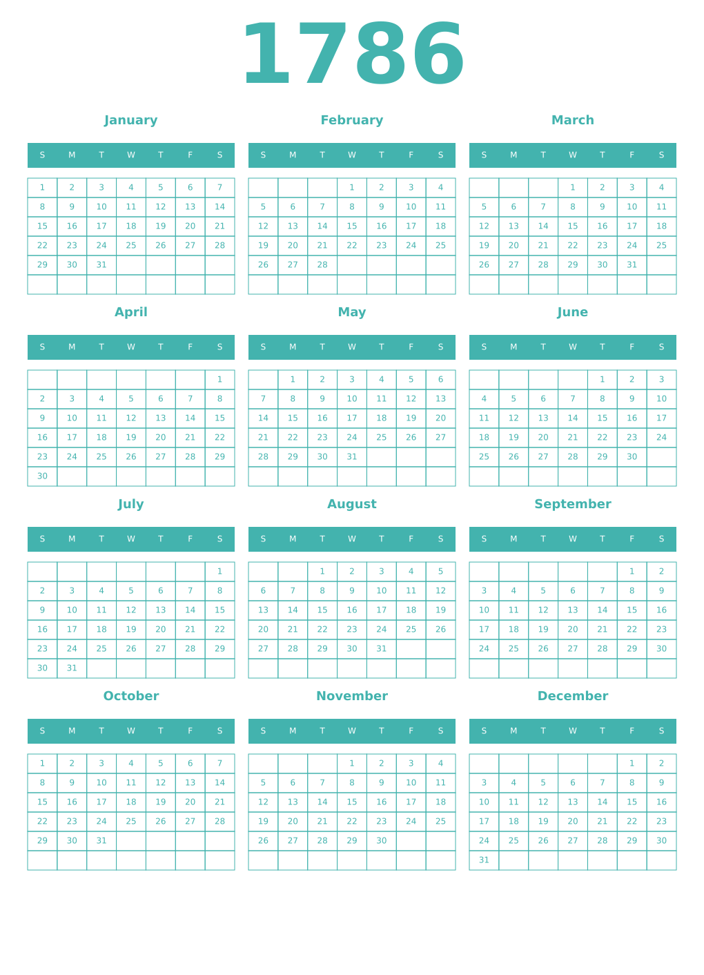 Printable 1786 Year Calendars verdigris