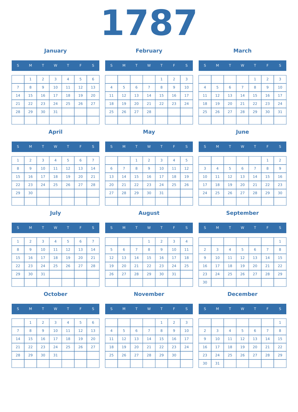 Printable 1787 Year Calendars blue