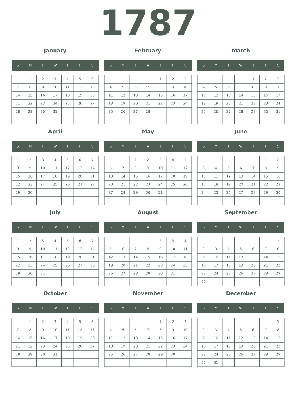 Printable 1787 Year Calendars feldgrau