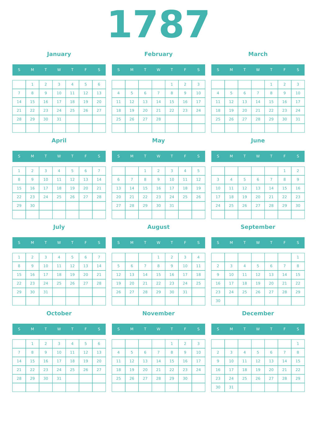 Printable 1787 Year Calendars verdigris