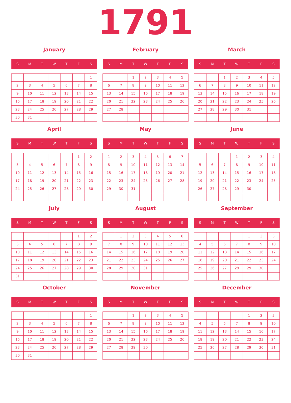 Printable 1791 Year Calendars amaranth