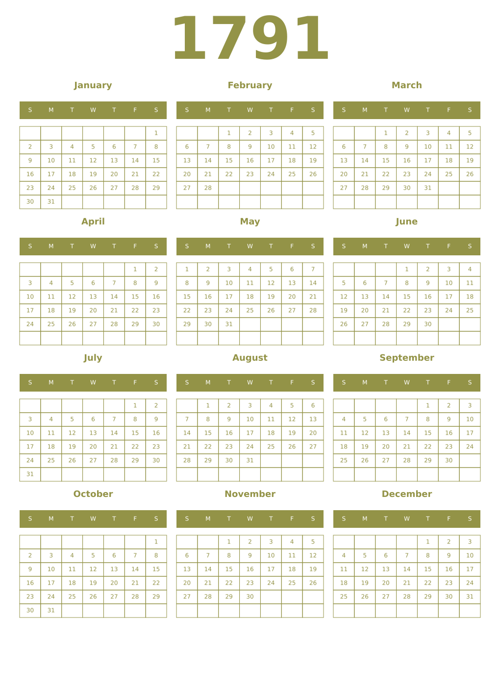 Printable 1791 Year Calendars eburnean