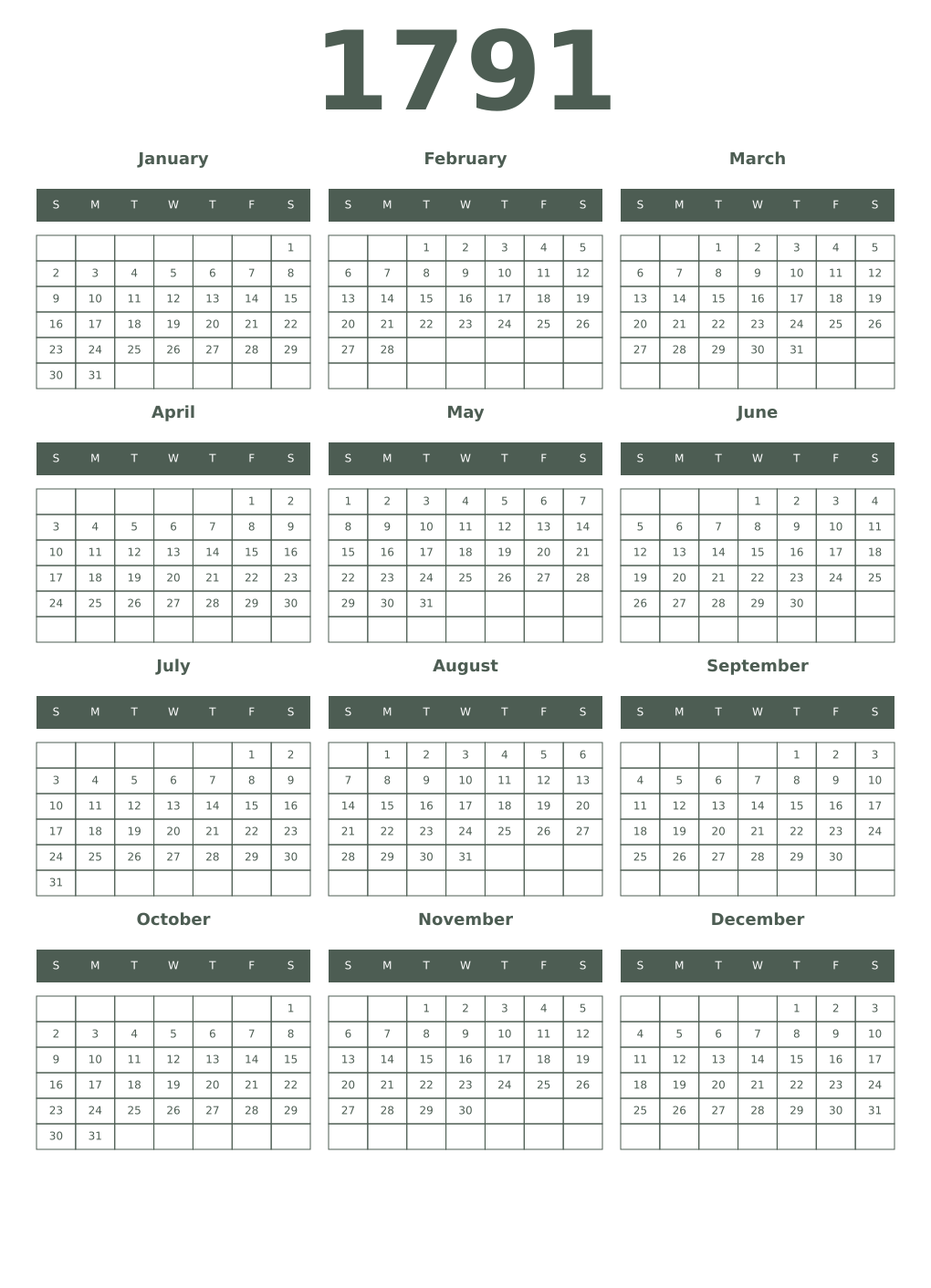 Printable 1791 Year Calendars feldgrau