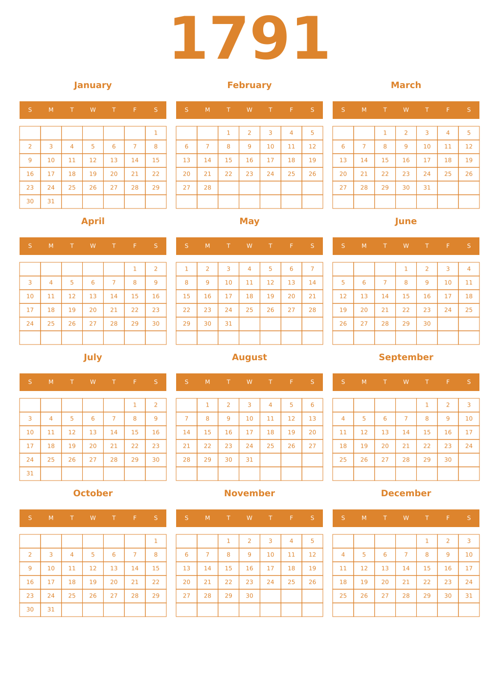 Printable 1791 Year Calendars orange