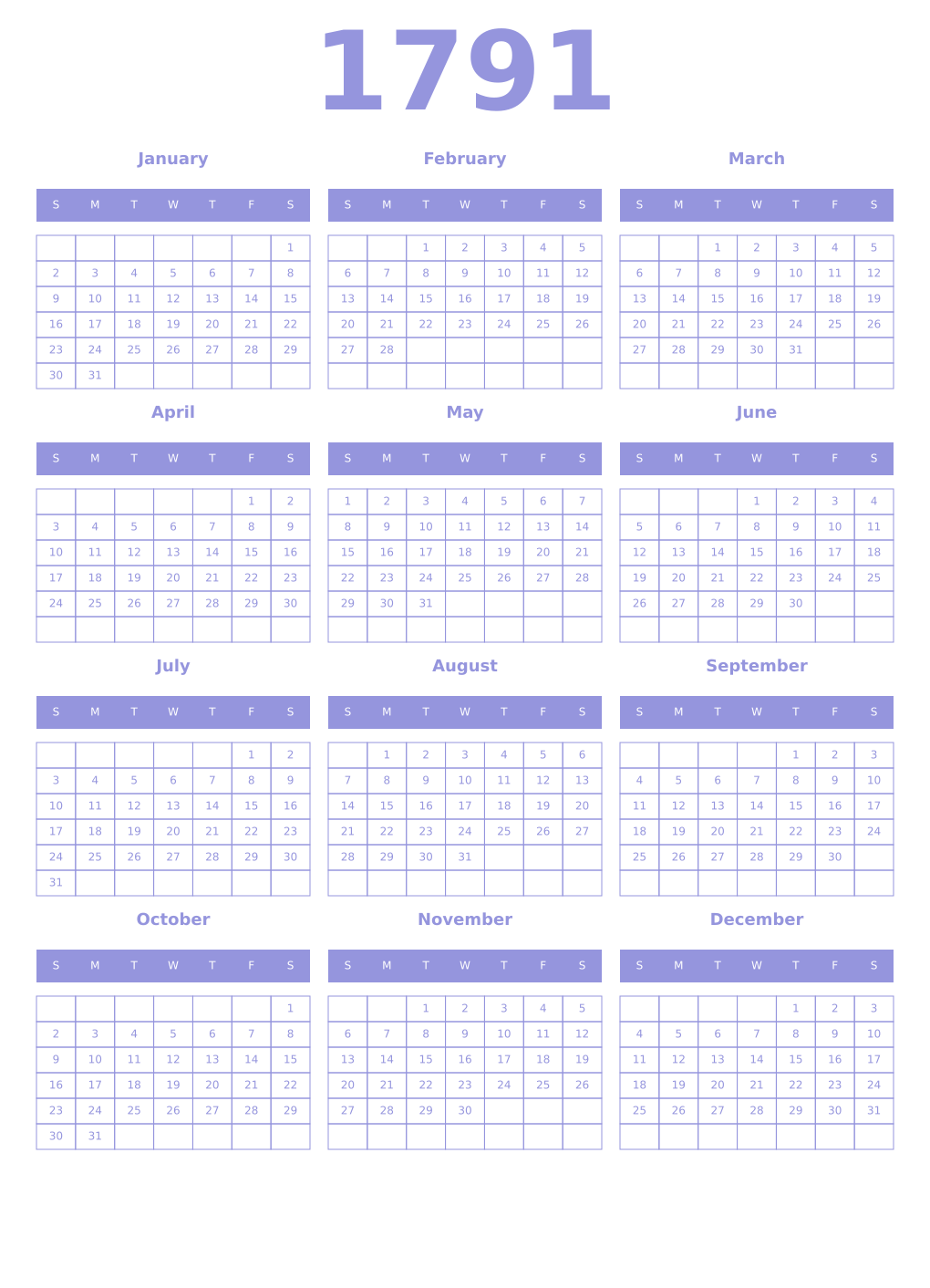 Printable 1791 Year Calendars periwinkle