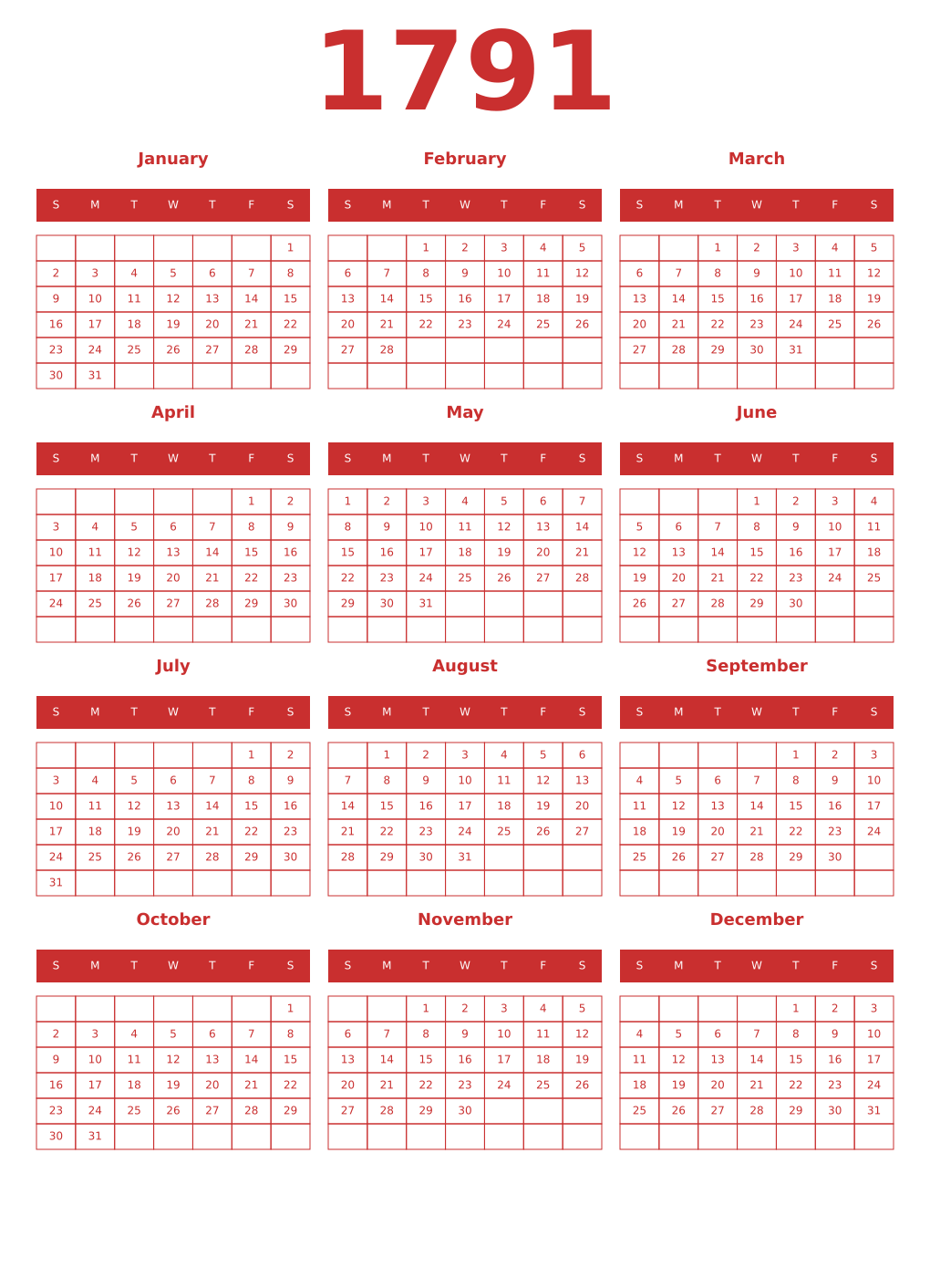 Printable 1791 Year Calendars red