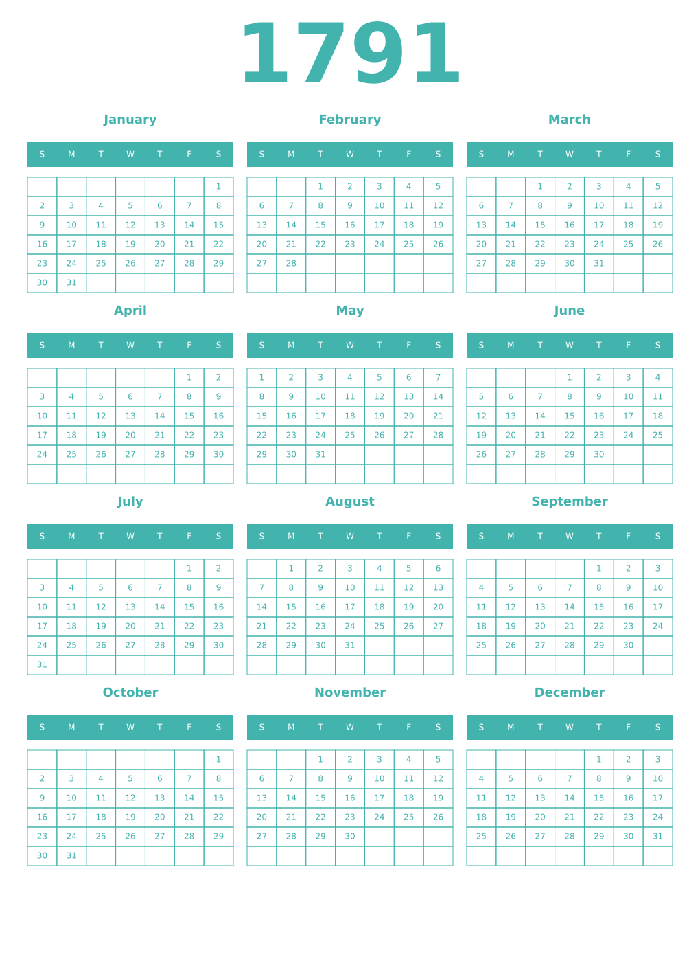 Printable 1791 Year Calendars verdigris
