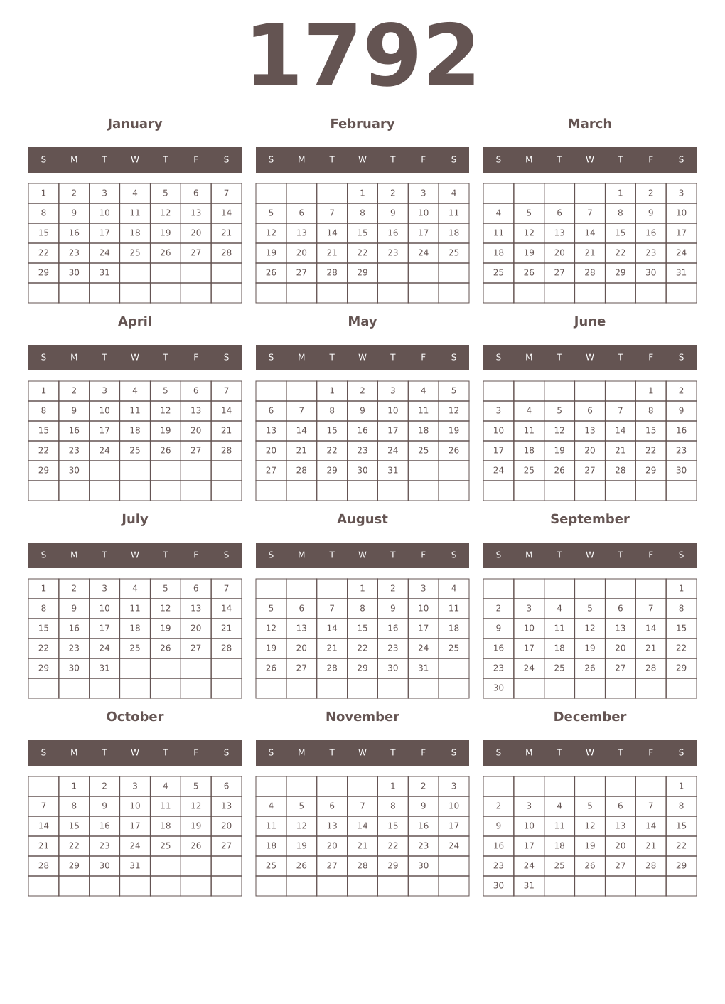 Printable 1792 Year Calendars wenge