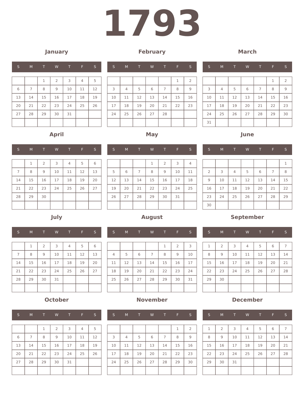 Printable 1793 Year Calendars wenge