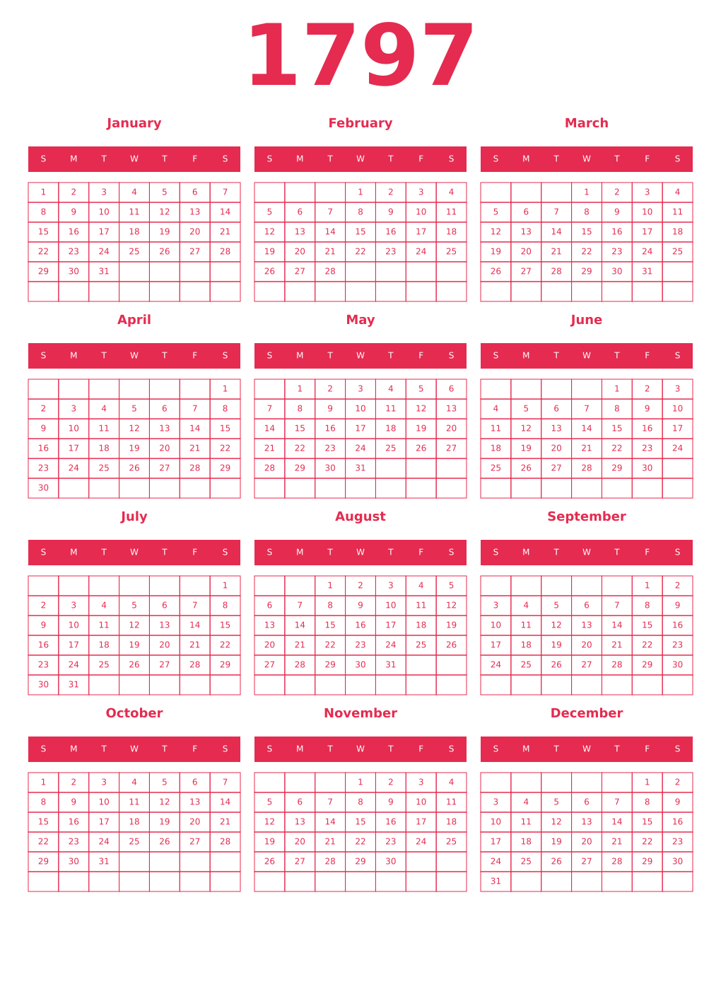 Printable 1797 Year Calendars amaranth