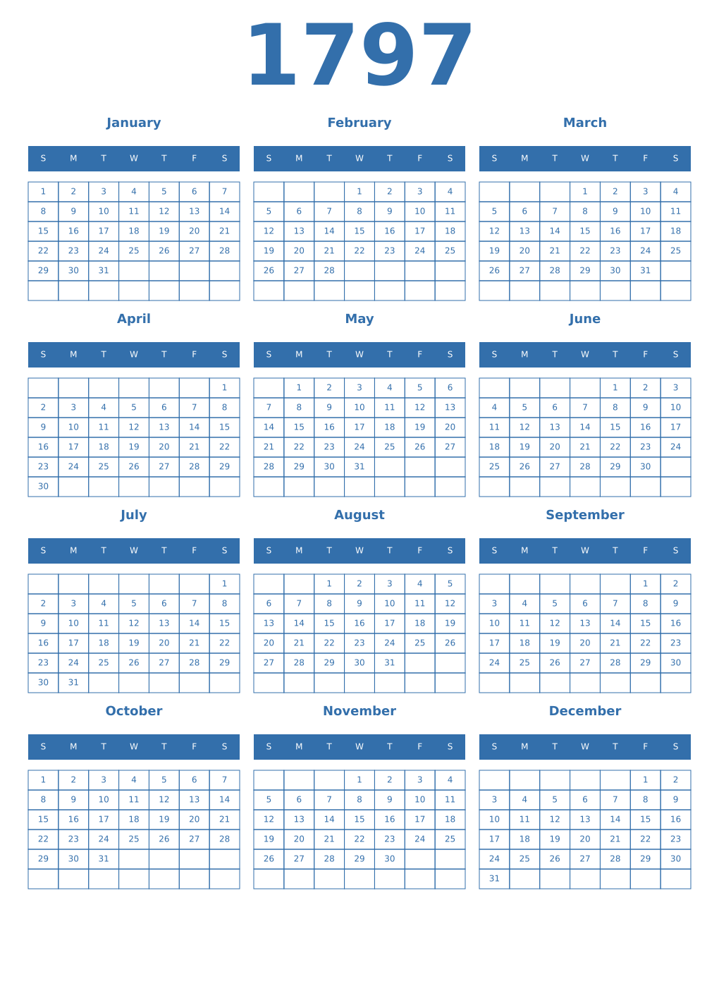 Printable 1797 Year Calendars blue