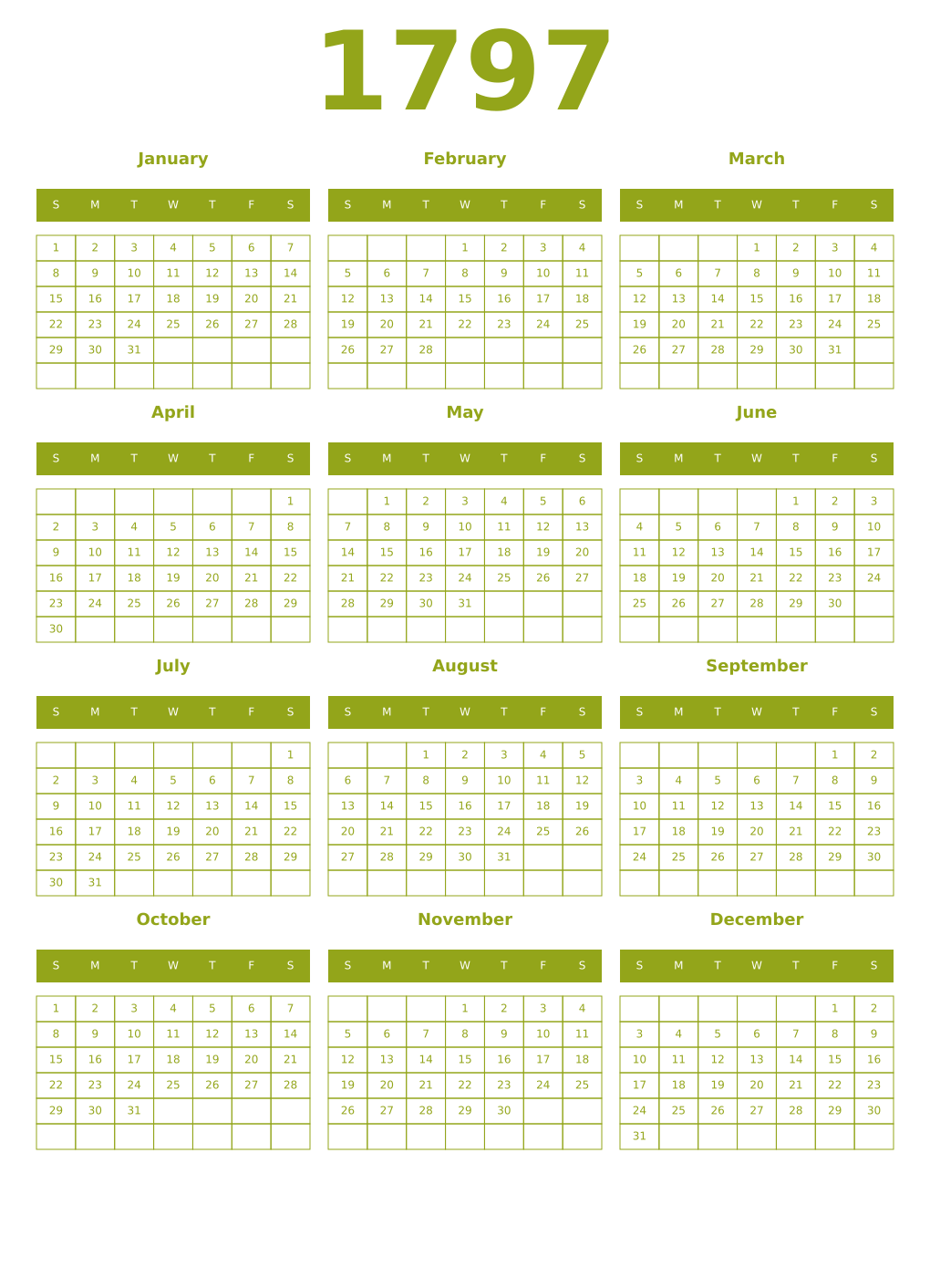 Printable 1797 Year Calendars chartreuse